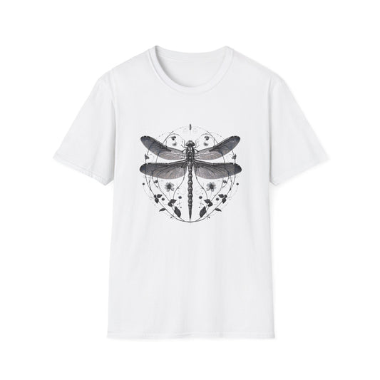 Dragonfly Gildan Unisex T-Shirt featuring a playful dragonfly design on lightweight fabric, embodying comfort and nature-inspired style. Made from ethically sourced cotton, perfect for casual gatherings or lounging.