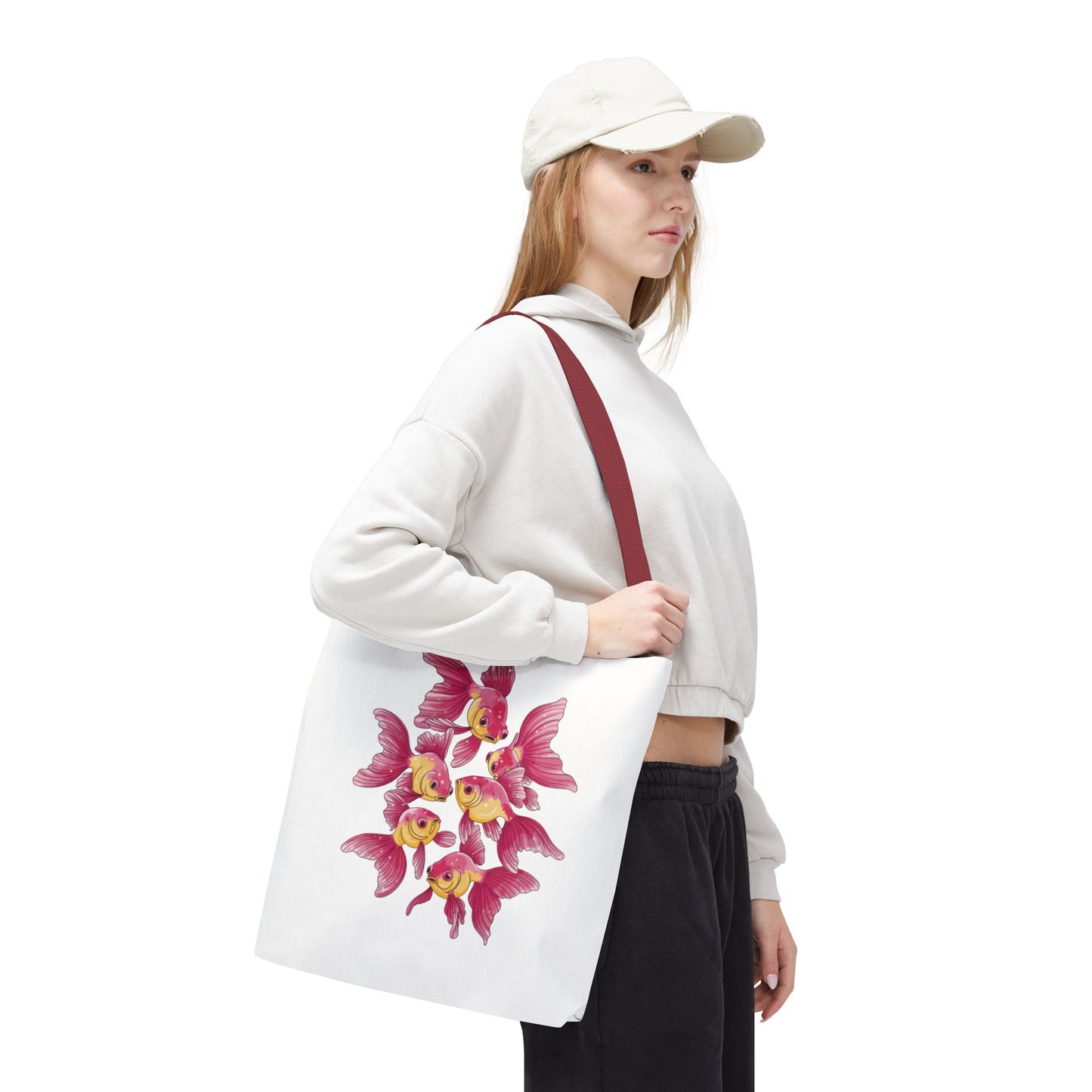 Fish Tote Bag - School of Fish Design: A sturdy polyester tote adorned with a serene school of fish pattern, perfect for carrying essentials, reflecting FireBrook Essentials' commitment to style and positivity.