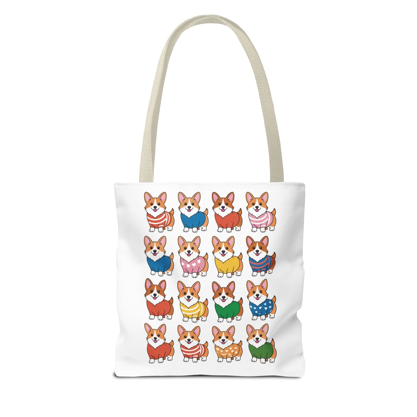 Corgi Grid Tote Bag - Cheerful Cartoon Style Dog Lover Shoulder Bag: Adorable Corgis in colorful outfits on a durable polyester tote, ideal for everyday use with boxed corners and reinforced handles.