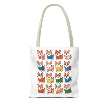 Corgi Grid Tote Bag - Cheerful Cartoon Style Dog Lover Shoulder Bag: Adorable Corgis in colorful outfits on a durable polyester tote, ideal for everyday use with boxed corners and reinforced handles.