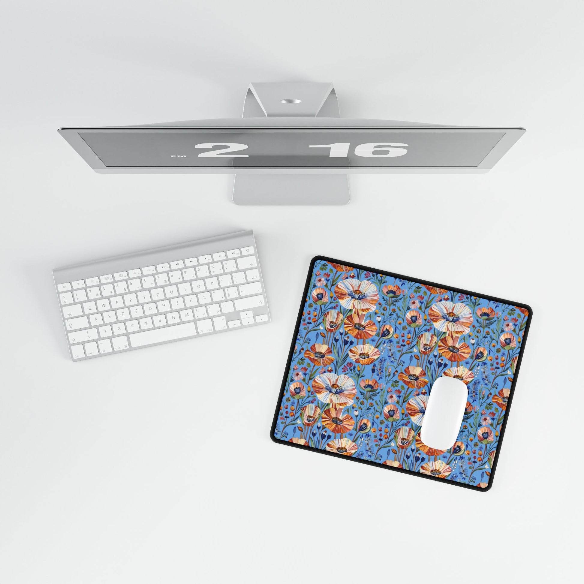 Desk Mats - Spring Wildflowers Poppy Cornflower Iris Design: A vibrant mouse pad with orange, white, and cream floral motifs on blue, enhancing a minimalist workspace with nature-inspired elegance, ideal for smooth mouse gliding.