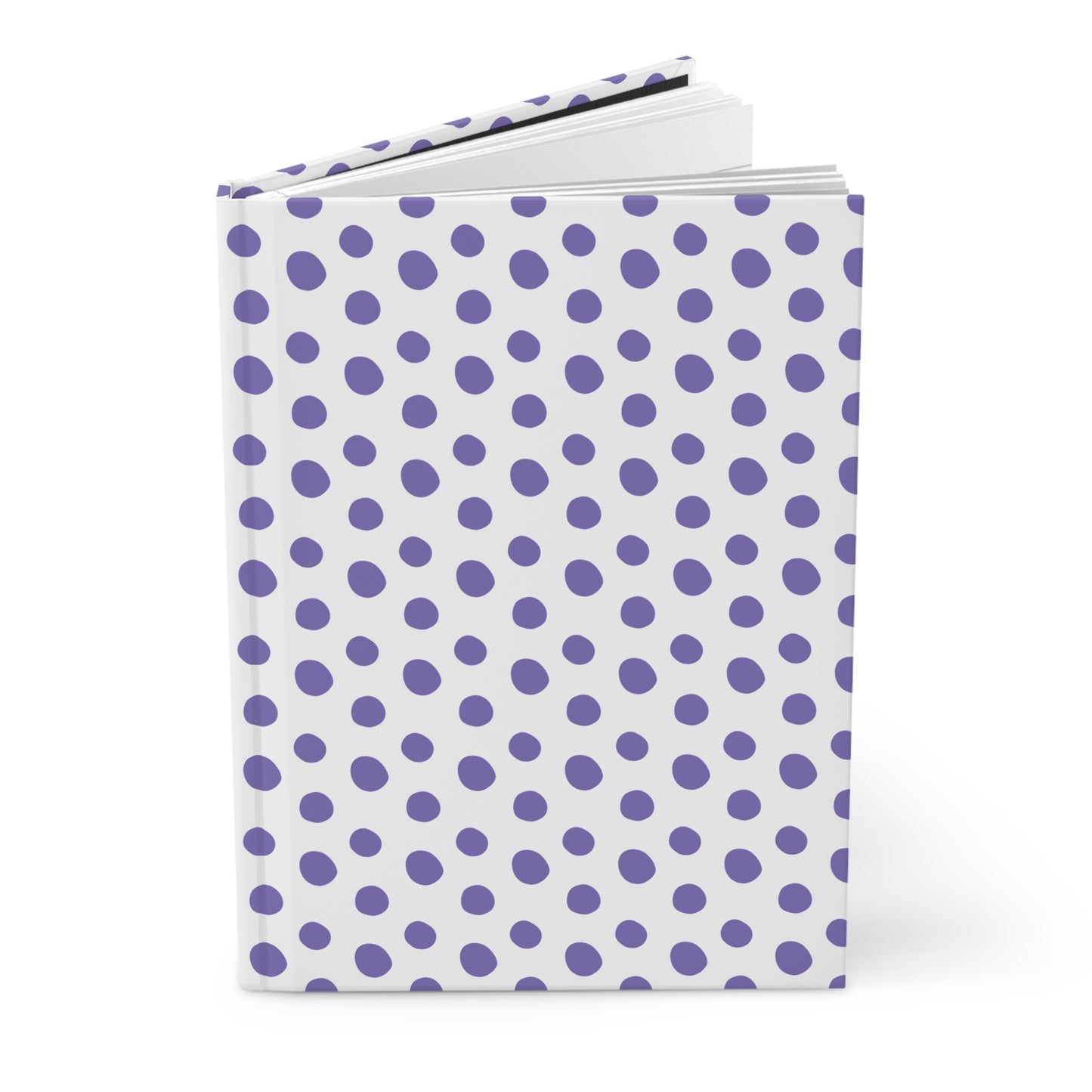 HARDCOVER JOURNAL, MATTE, RULED, 5X7, SEWN BIND, CLEAN-TEAR PAGES – INDIGO. White cover with irregular purple polka dots, showcasing durable, stylish design from FireBrook Essentials. Pages slightly fanned, durable, and tearable.