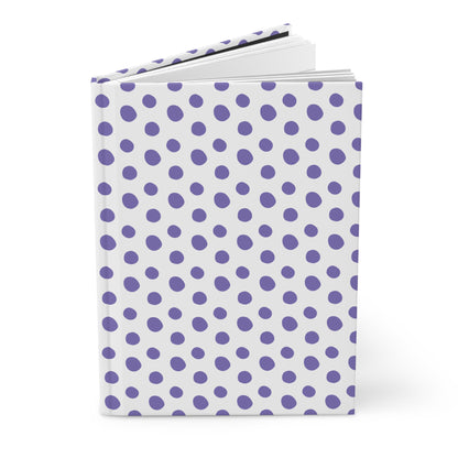 HARDCOVER JOURNAL, MATTE, RULED, 5X7, SEWN BIND, CLEAN-TEAR PAGES – INDIGO. White cover with irregular purple polka dots, showcasing durable, stylish design from FireBrook Essentials. Pages slightly fanned, durable, and tearable.