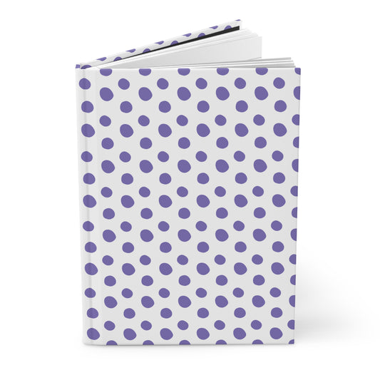 HARDCOVER JOURNAL, MATTE, RULED, 5X7, SEWN BIND, CLEAN-TEAR PAGES – INDIGO. White cover with irregular purple polka dots, showcasing durable, stylish design from FireBrook Essentials. Pages slightly fanned, durable, and tearable.
