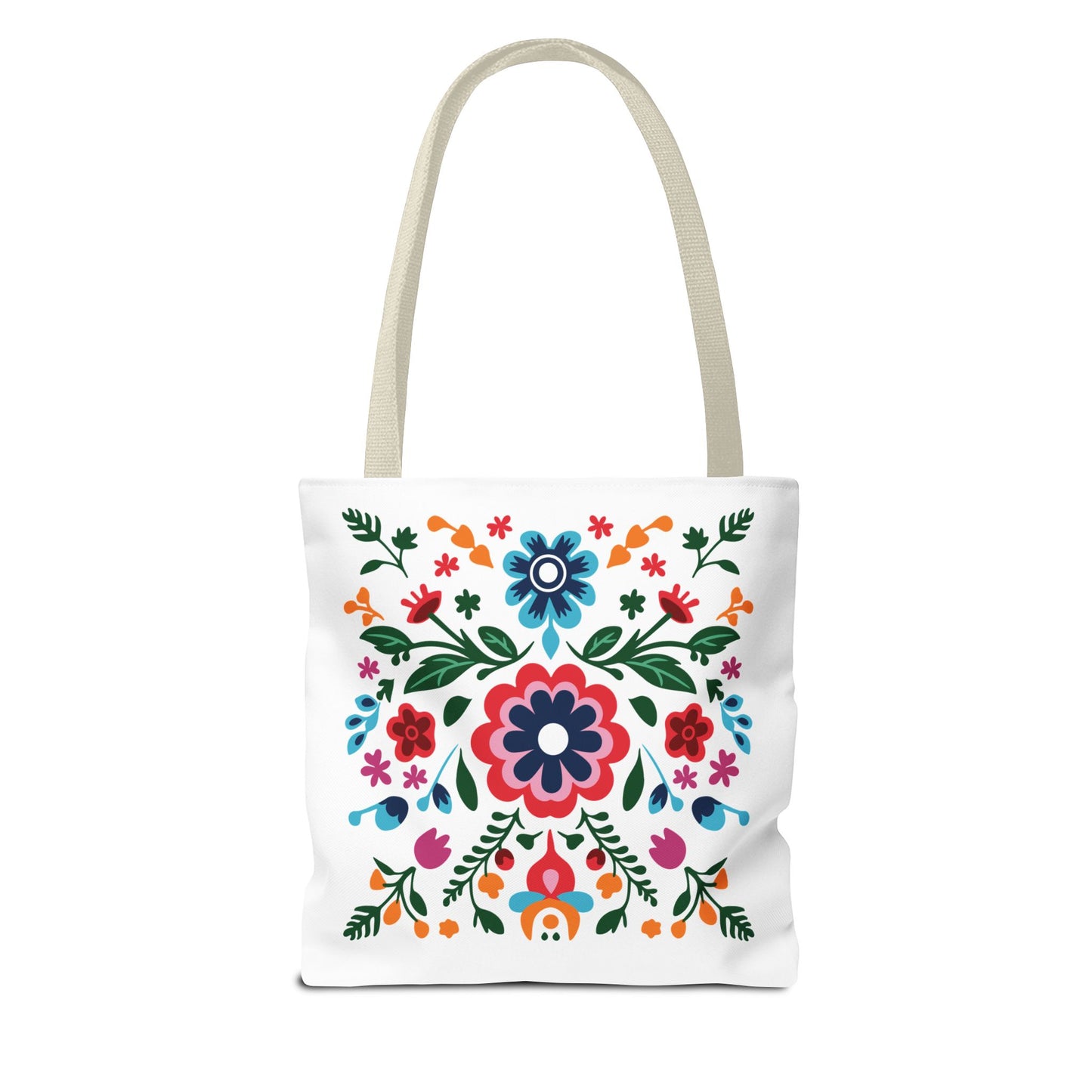 Floral Tote Bag: A white tote adorned with colorful flowers, ideal for daily errands and outdoor adventures, blending style and practicality from FireBrook Essentials.