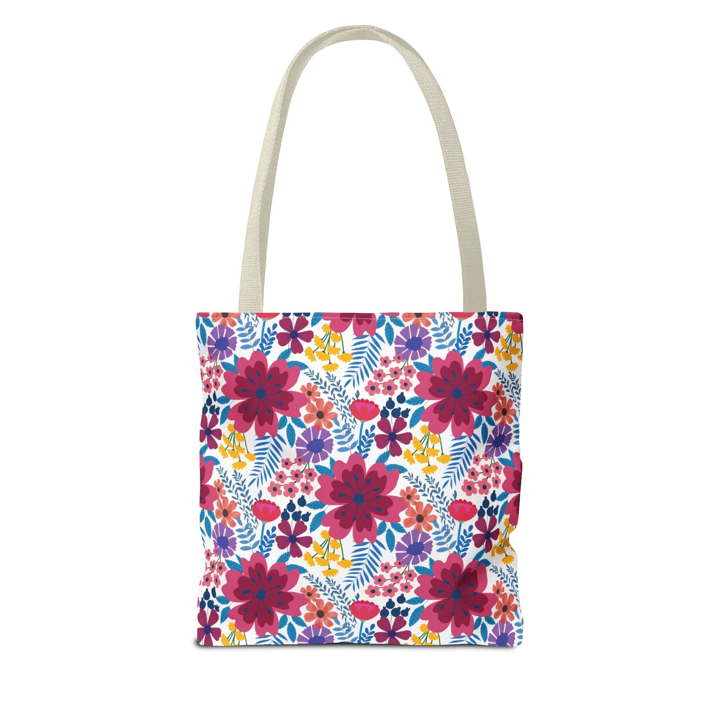 Floral Tote Bag with vibrant magenta, pink, purple, red, and yellow blossoms, and blue-green leaves on white. Beige straps provide durability; perfect for summer outings, embodying FireBrook Designs' stylish, joyful essence.