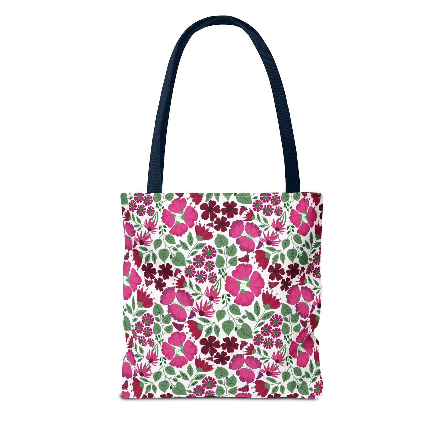 The Pink Lady Tote Bag features vibrant pink and burgundy flowers on a white canvas, paired with navy straps. Ideal for adding a cheerful touch to errands or beach outings.