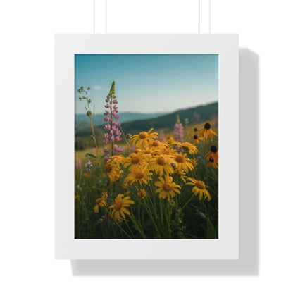 Vertical Poster - Mountain Flowers Design showcases a close-up of vibrant yellow flowers, framed for a serene home decor. Ideal for nature enthusiasts, it adds a peaceful, outdoor touch to any space.