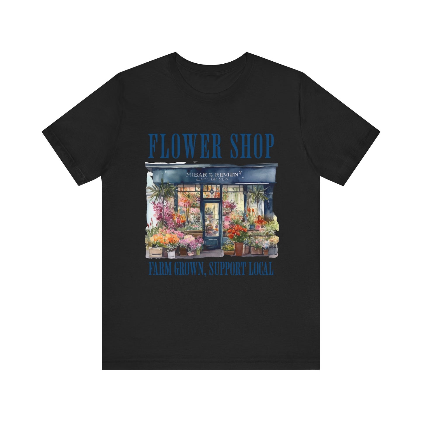 Flower Shop Bella+Canvas Unisex T-Shirt featuring a watercolor-style depiction of a flower shop, perfect for nature enthusiasts. Crafted for comfort and style, ideal for casual or garden-themed occasions.