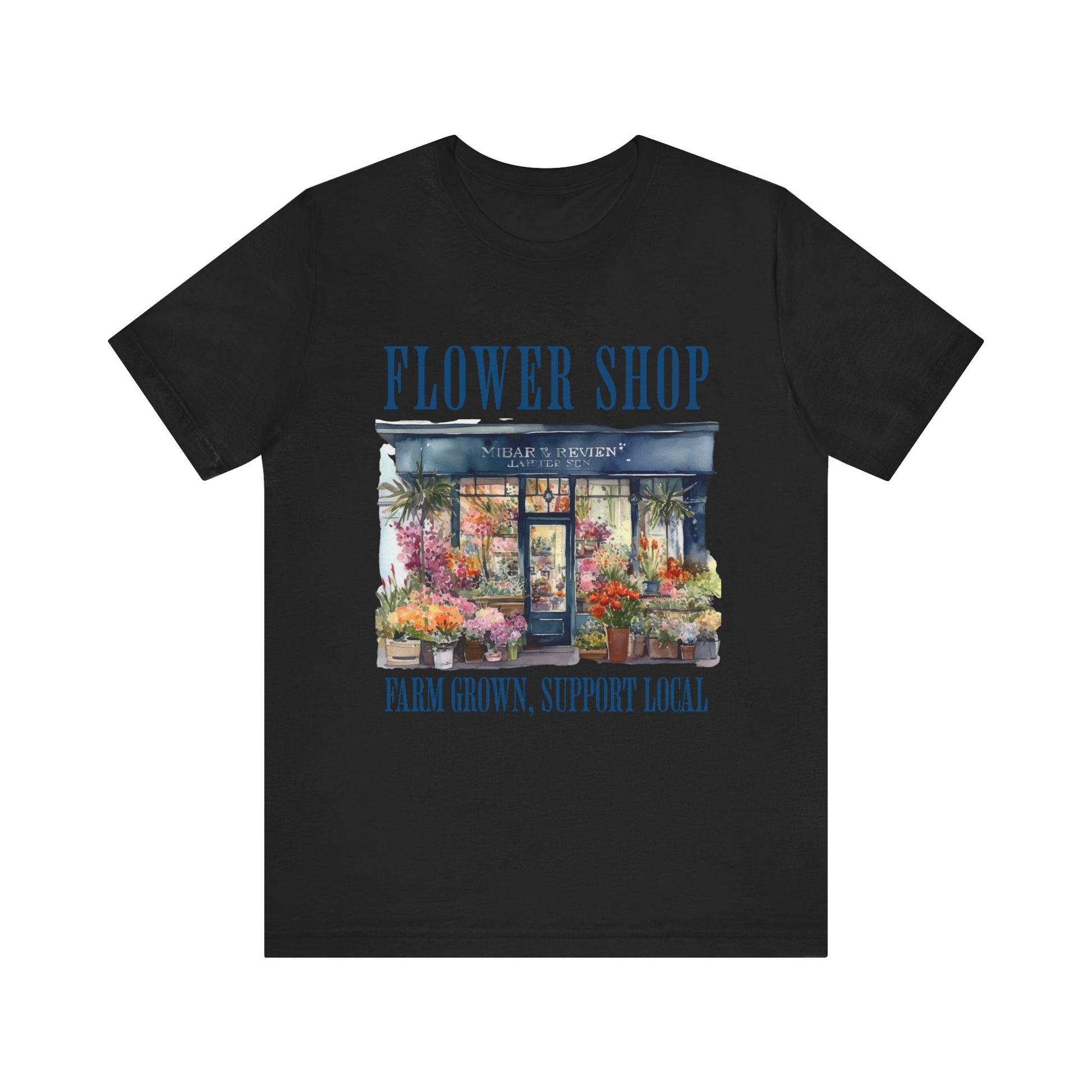 Flower Shop Bella+Canvas Unisex T-Shirt featuring a watercolor-style depiction of a flower shop, perfect for nature enthusiasts. Crafted for comfort and style, ideal for casual or garden-themed occasions.