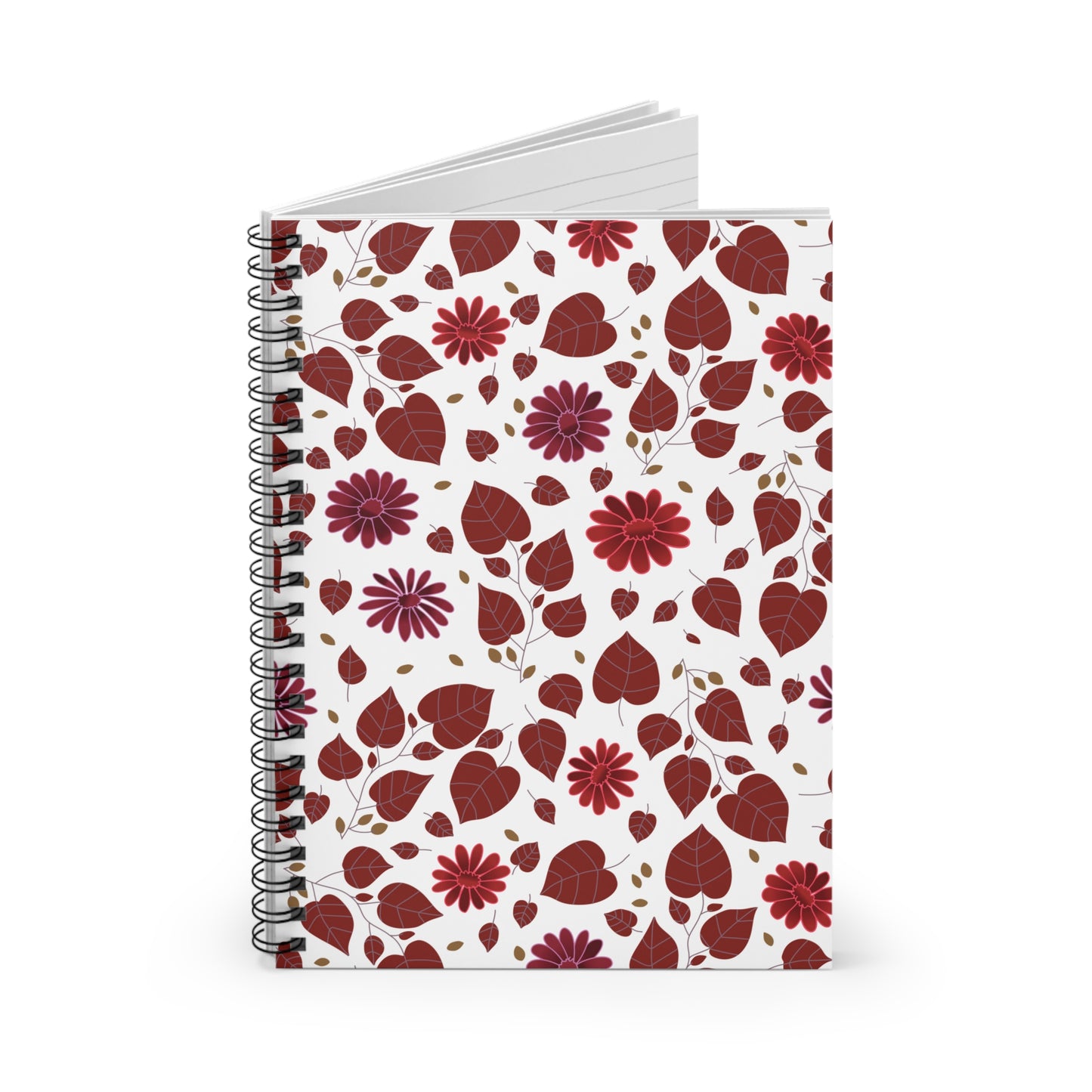 SPIRAL NOTEBOOK, DURABLE COVER, RULES, 6X8 featuring a white cover with reddish-brown leaves and red daisies pattern, visible metal spiral, and edge of blank interior pages, perfect for stylish, joyful note-taking.