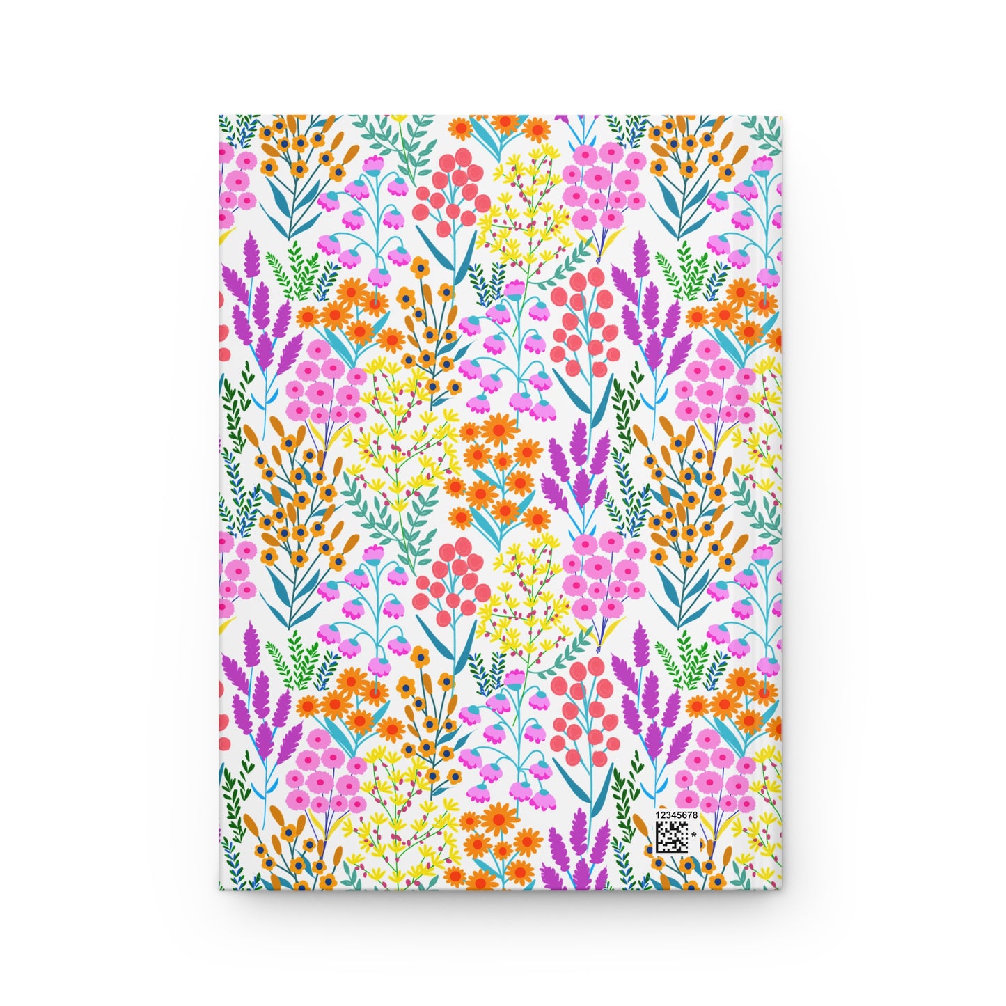HARDCOVER JOURNAL, MATTE, RULED, 5X7, SEWN BIND, CLEAN-TEAR PAGES - FLORAL MEADOWS: A notebook featuring a vibrant wildflower pattern with pink, orange, and yellow-green foliage, matte finish, and a tiny QR code.