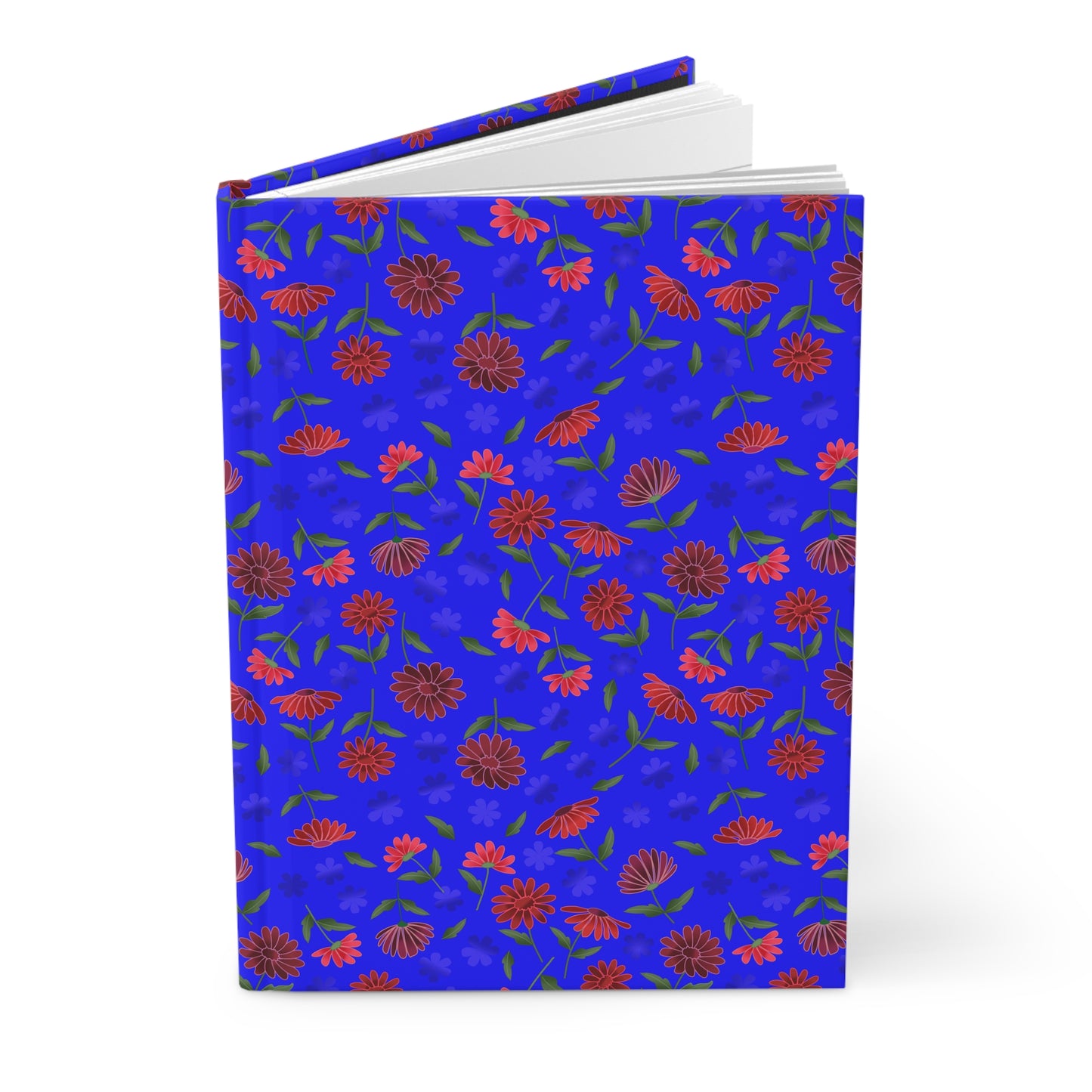 Floral Night Sky Hardcover Journal — Blue & Red Botanical Notebook features a cobalt-blue cover with red and pink daisies, revealing blank white pages. Perfect for vibrant, inspiring journaling.