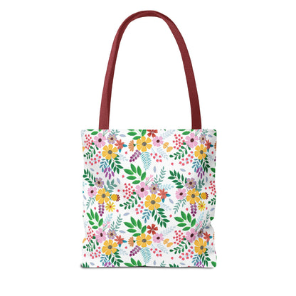 Spring Floral Patch Tote Bag with burgundy-red handles, featuring a vibrant floral print. Ideal for summer outings, this durable, stylish tote from FireBrook Designs adds a cheerful touch to your day.