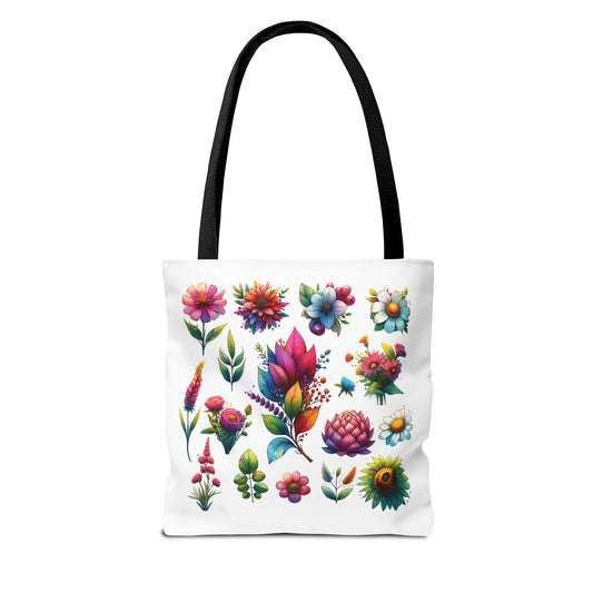 Floral Tote Bag featuring vibrant flower designs, ideal for nature lovers. Made from durable polyester with reinforced stitching, perfect for shopping or beach days. Available in various sizes at FireBrook Essentials.