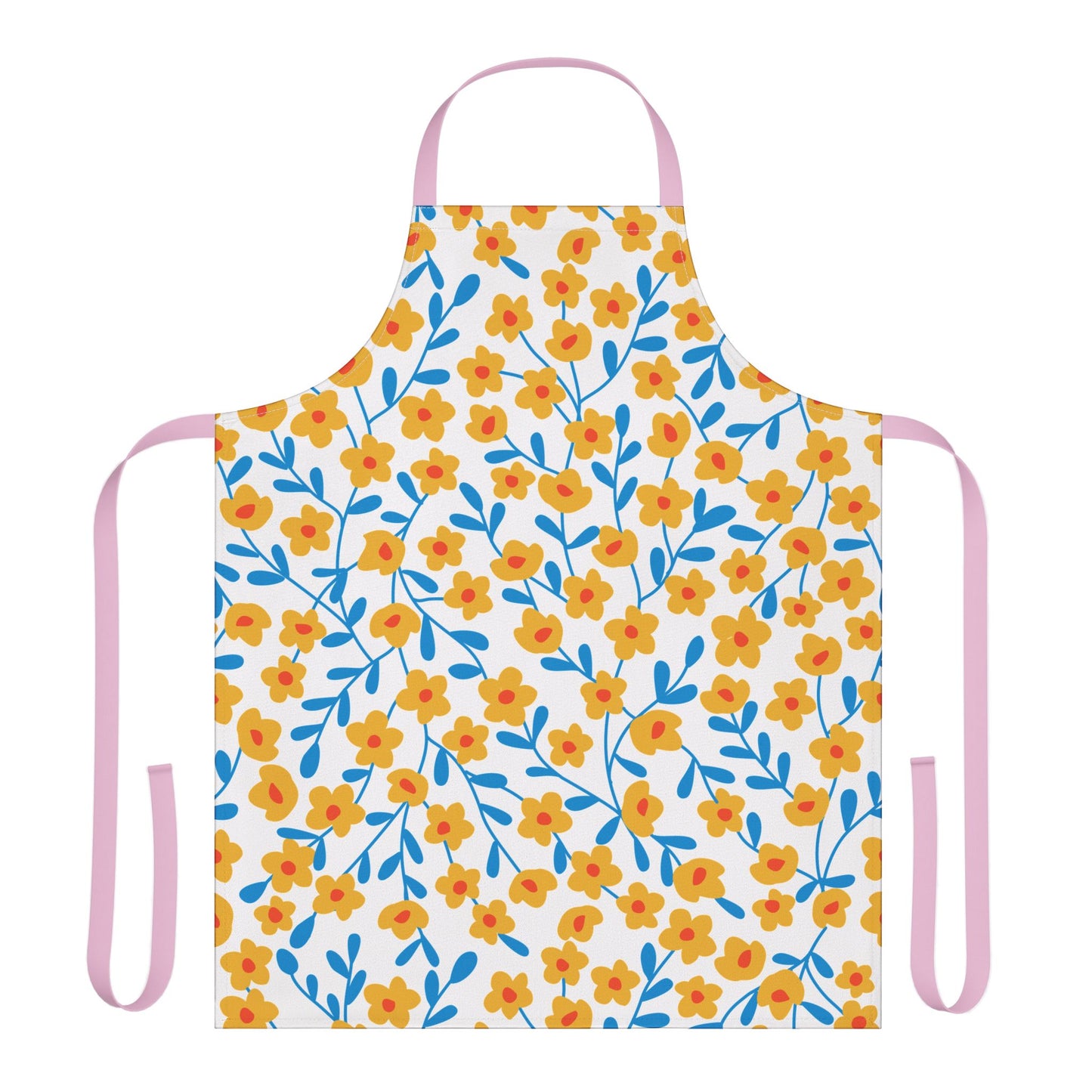 Floral Apron from FireBrook Designs features a white base adorned with stylized yellow flowers and blue leaves. The apron includes soft pink neck and waist ties, offering style and comfort for various activities.