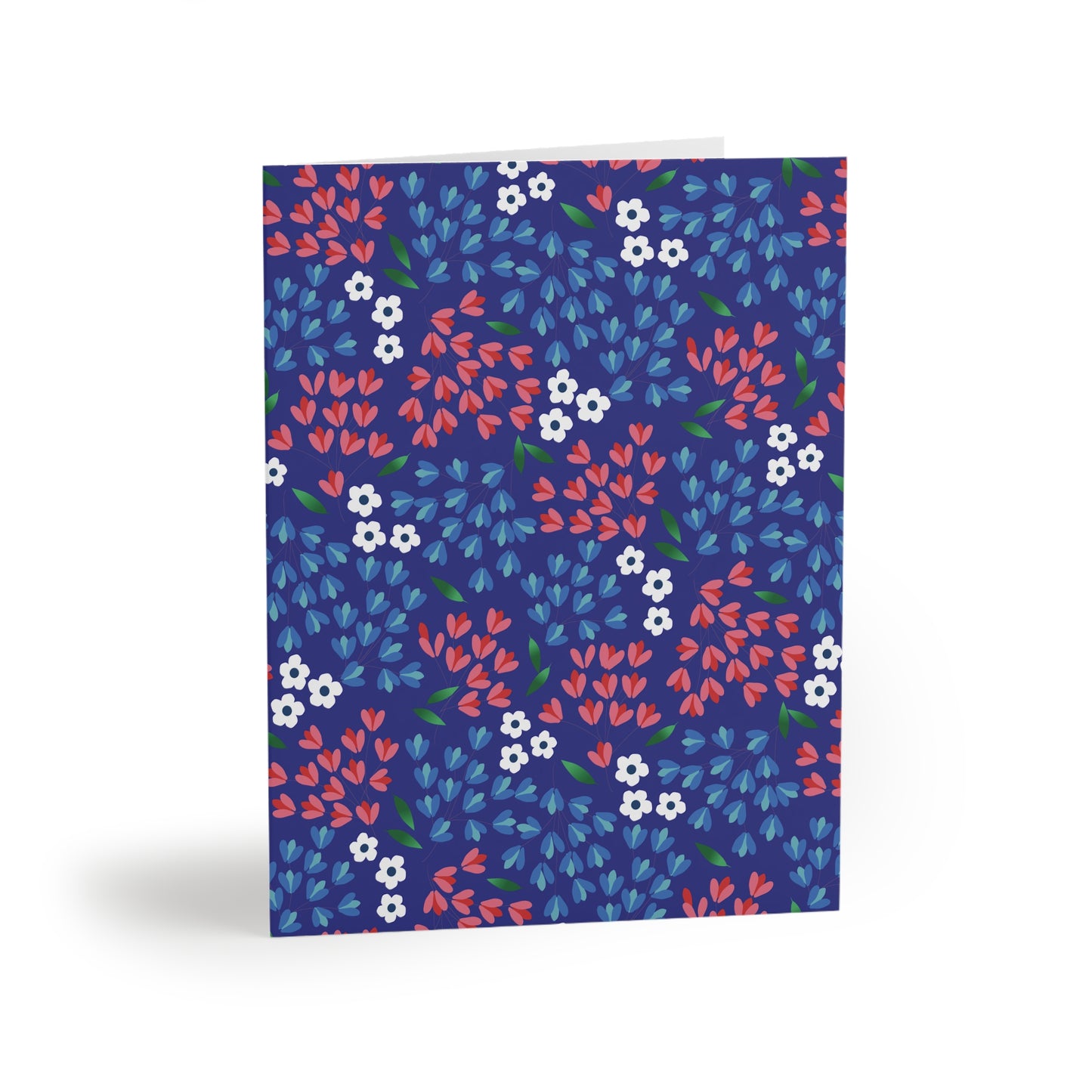 Floral Wildflower Greeting Cards — Pack of 8/16/24, featuring a vibrant floral pattern on a deep blue background, elegantly folded and ready to personalize. Includes matching white envelopes, perfect for heartfelt messages.