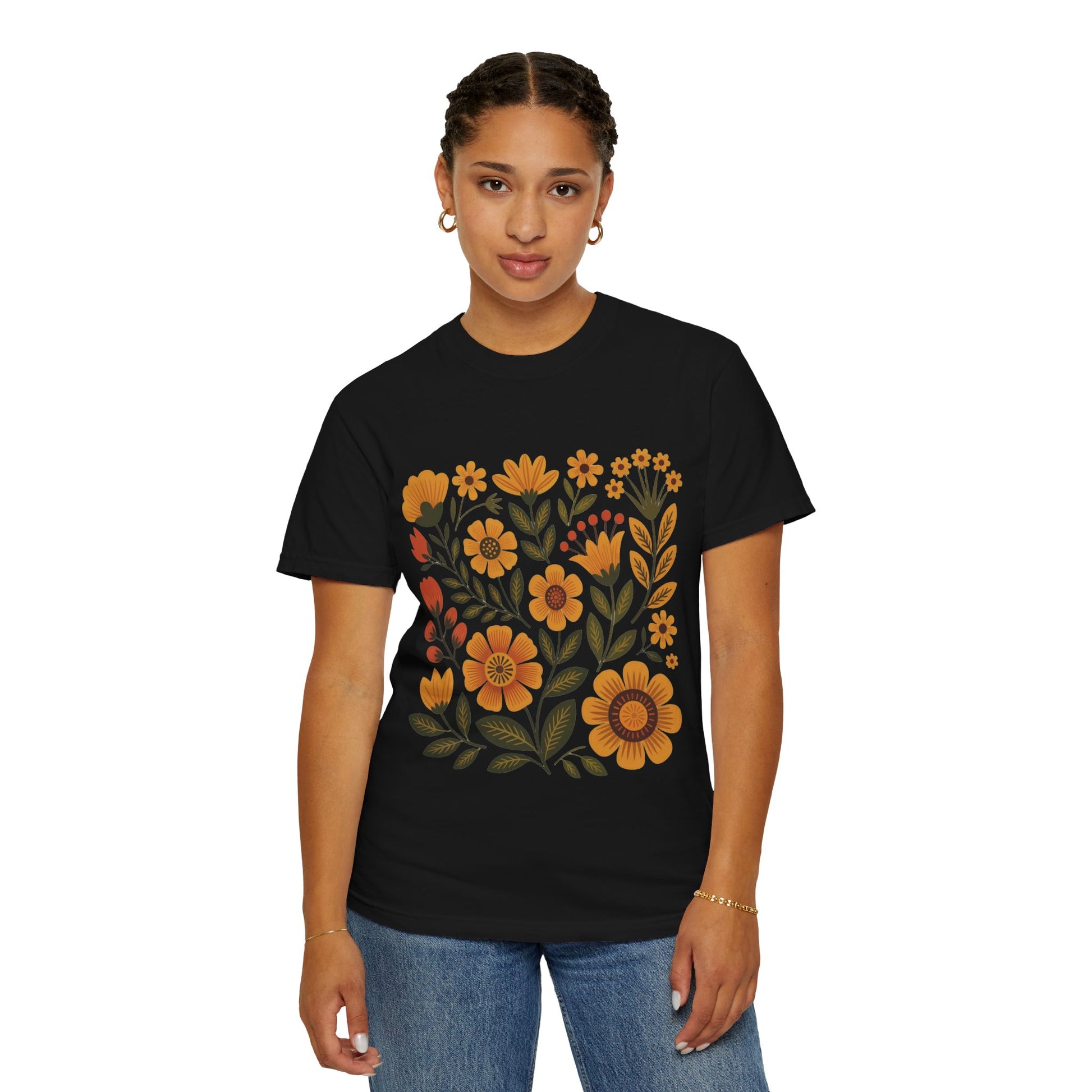 Folk Art in Warm Yellows Floral T-Shirt featuring intricate folk art floral designs, perfect for casual wear. Made from soft, garment-dyed US cotton with double-needle stitching, offering comfort and style.