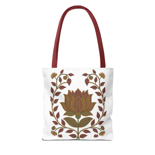 Earth Tote Bag with Floral Vines and Traditional Motifs: A versatile, spacious white bag with red handles featuring elegant floral and traditional patterns, perfect for daily use and gifting.