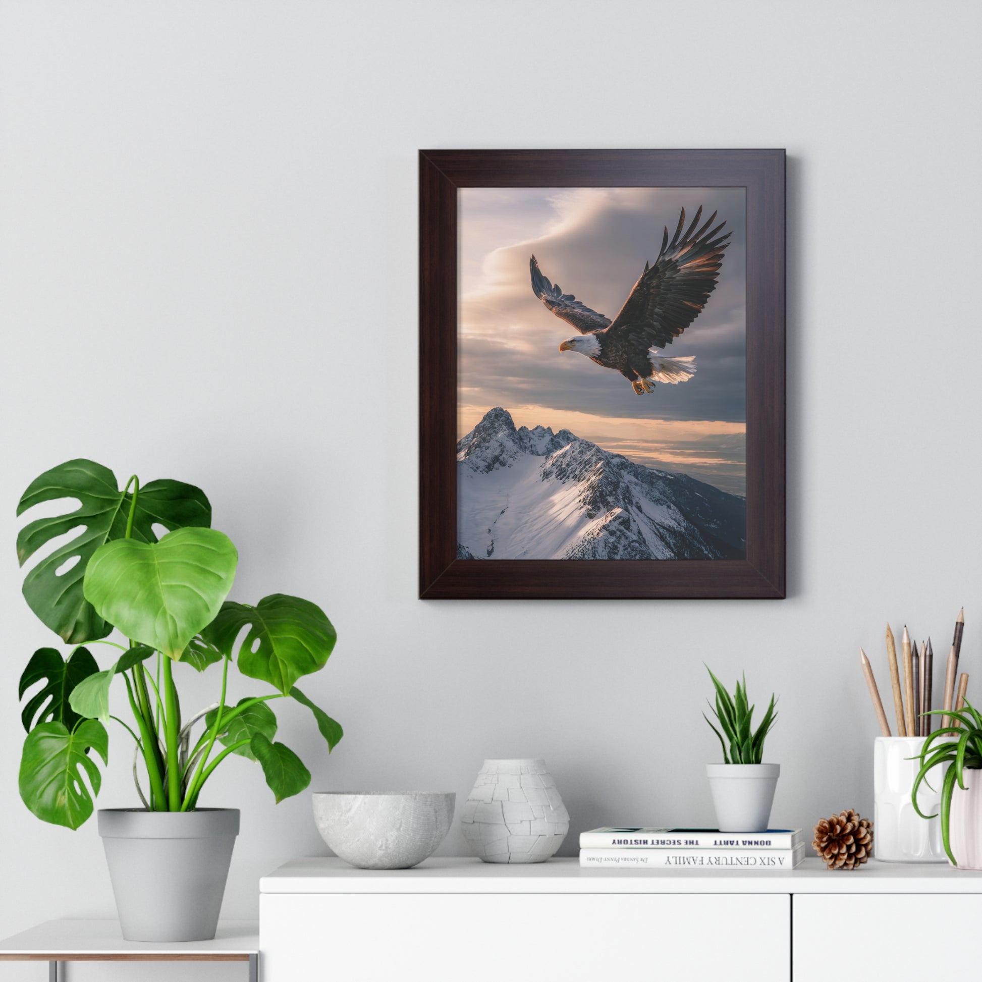 Vertical Poster - Magnificent Bald Eagle Soaring Over Snow-Capped Mountains, captured at golden hour, framed in elegant options, perfect for nature lovers. Ideal for gifting, embodies adventure and awe.