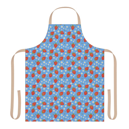 Apron, Strawberry 5-Color Straps: A blue apron adorned with red strawberries and white flowers, featuring a tie-back closure and stain-free fabric, embodying FireBrook Designs' blend of style and functionality.
