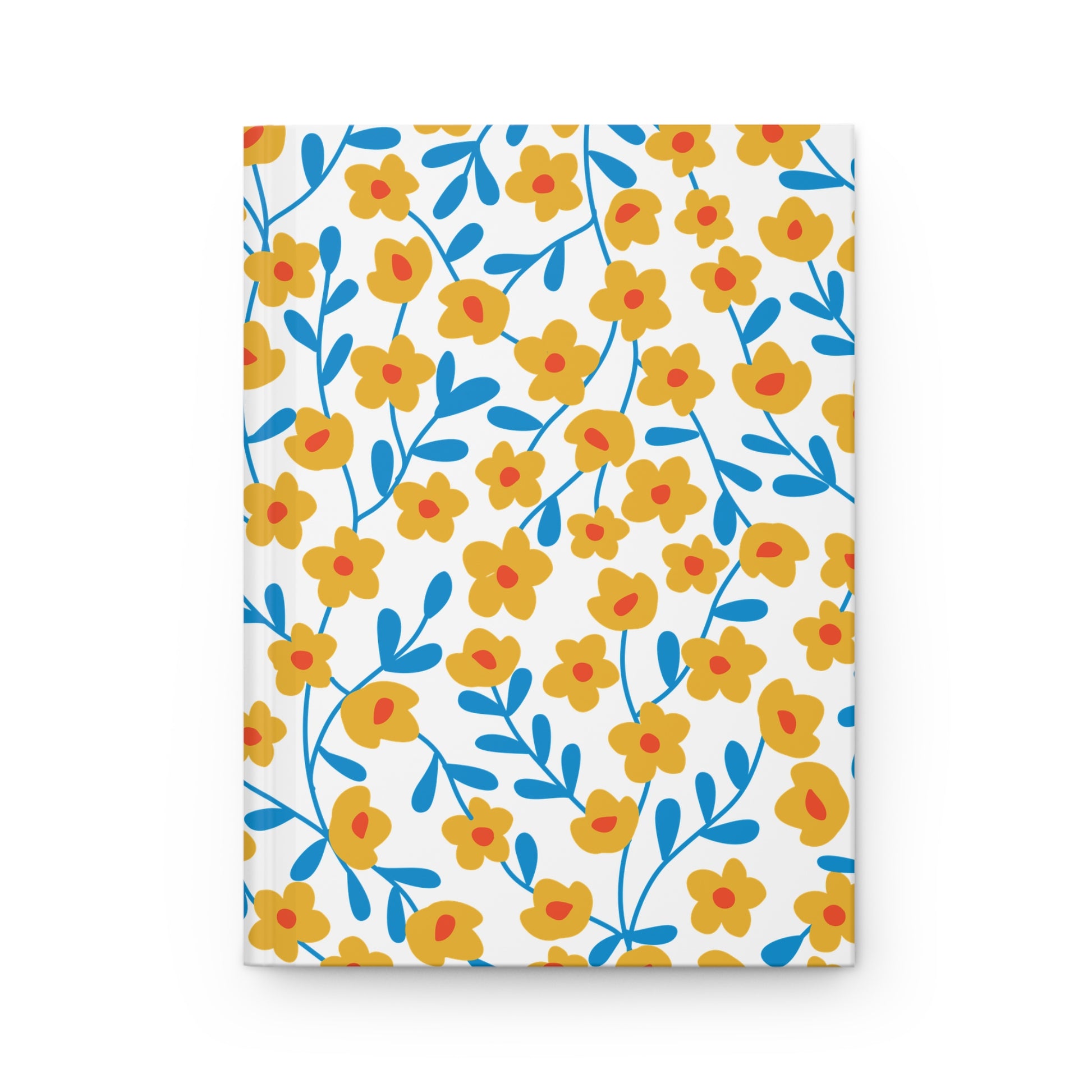 Floral Ditsy Hardcover Journal — Yellow Wildflower Notebook for Notes & Gifts, features a matte cover with vibrant yellow flowers on blue stems. Ideal for creative expression, it offers a seamless, joyfully designed experience.