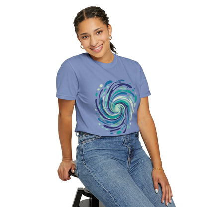 Ocean Waves Abstract T-Shirt featuring swirling vector lines resembling ocean currents, with bubble-like elements, embodies FireBrook Essentials' uplifting, stylish vibe, perfect for casual summer outings.