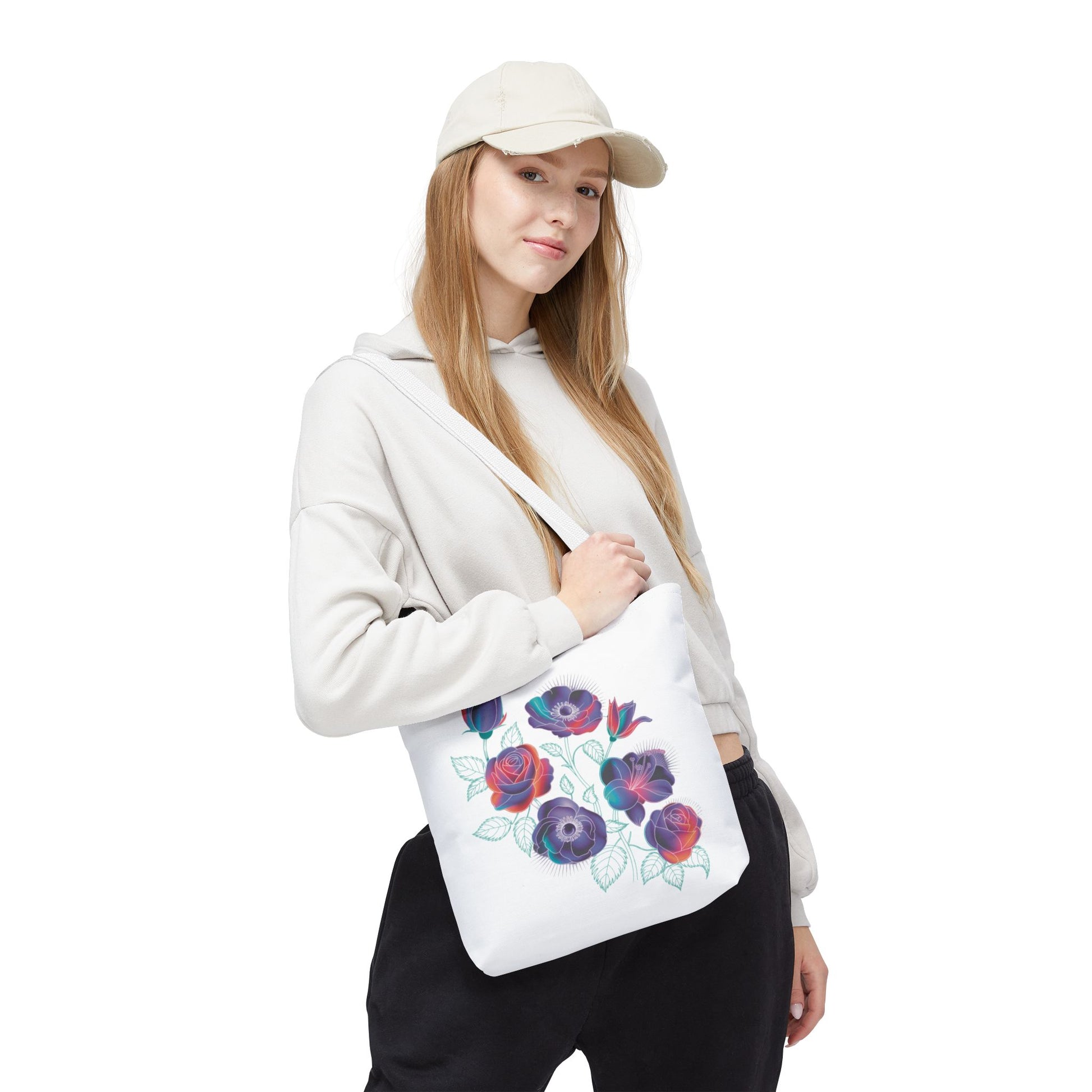 Vibrant Rose, Anemone, Lily Silhouettes Neon Floral Tote Bag features neon floral silhouettes on durable polyester, perfect for adding vibrant style to daily essentials. Ideal for flower lovers and unique design enthusiasts.