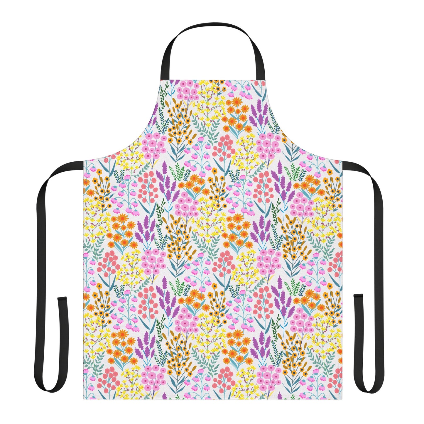 Floral Apron featuring a vibrant wildflower pattern in pink, orange, yellow, and purple with green foliage. Designed for comfort, this one-size apron includes long black neck and waist straps.