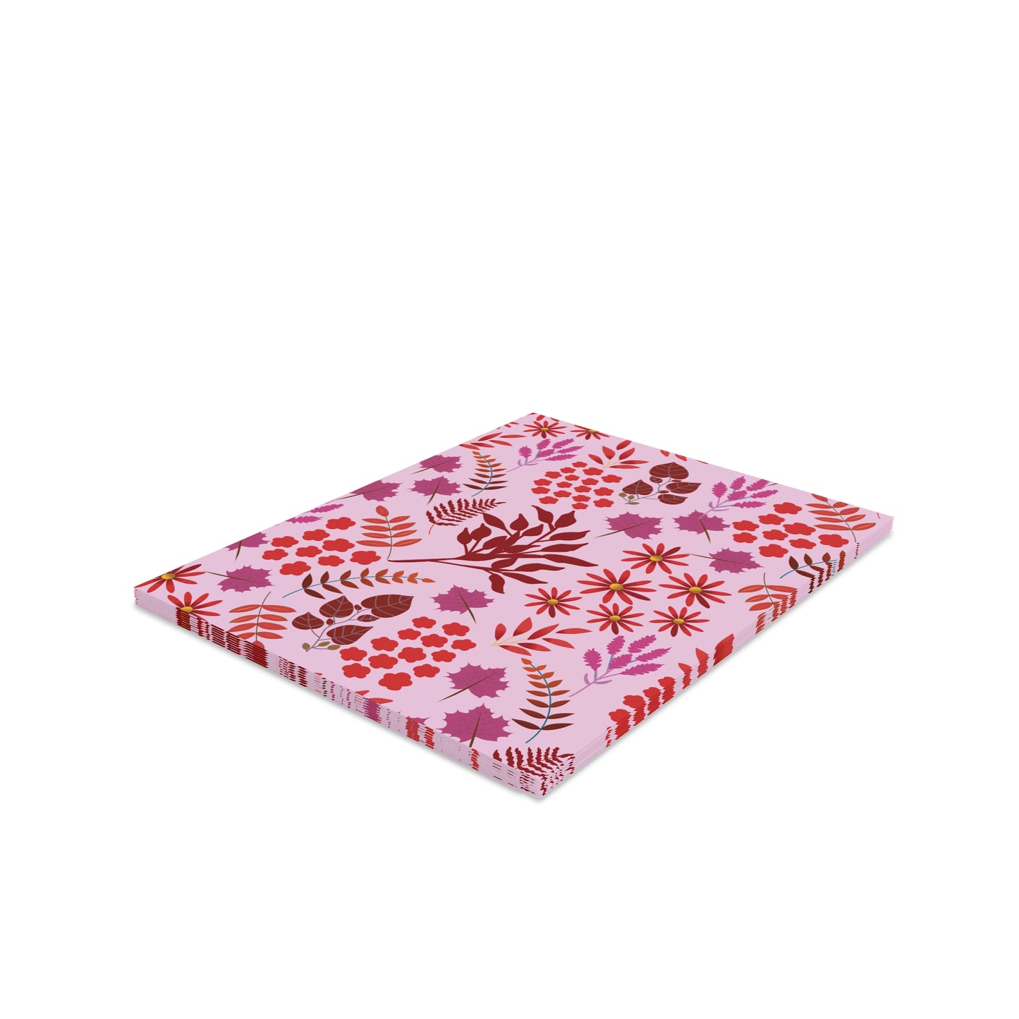 Greeting Cards — Pack of 8/16/24, showcasing a floral-and-leaf pattern on a pale pink background. Each card is folded, ready for writing, and includes a matching white envelope.