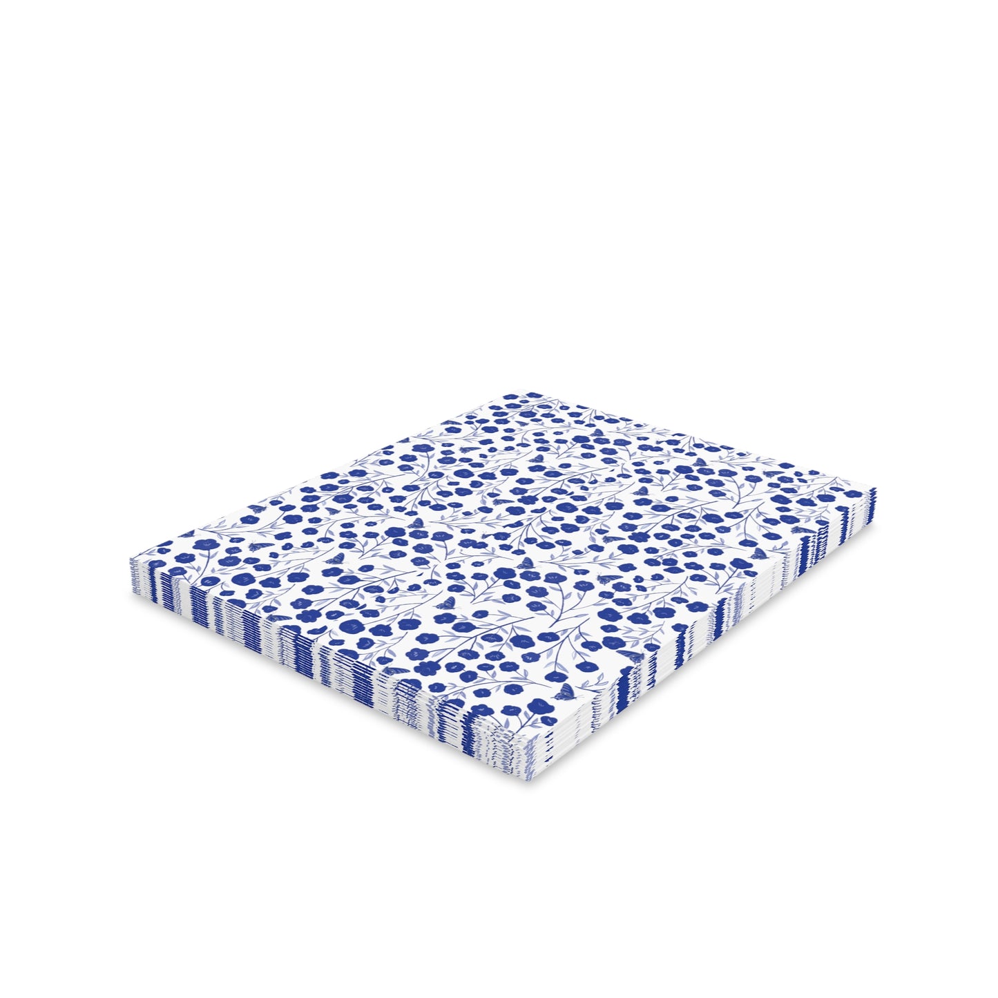 Floral Greeting Cards — Pack of 8/16/24, featuring a neat stack adorned with a small blue floral pattern on a white matte finish, each card comes with a matching envelope, perfect for heartfelt messages.