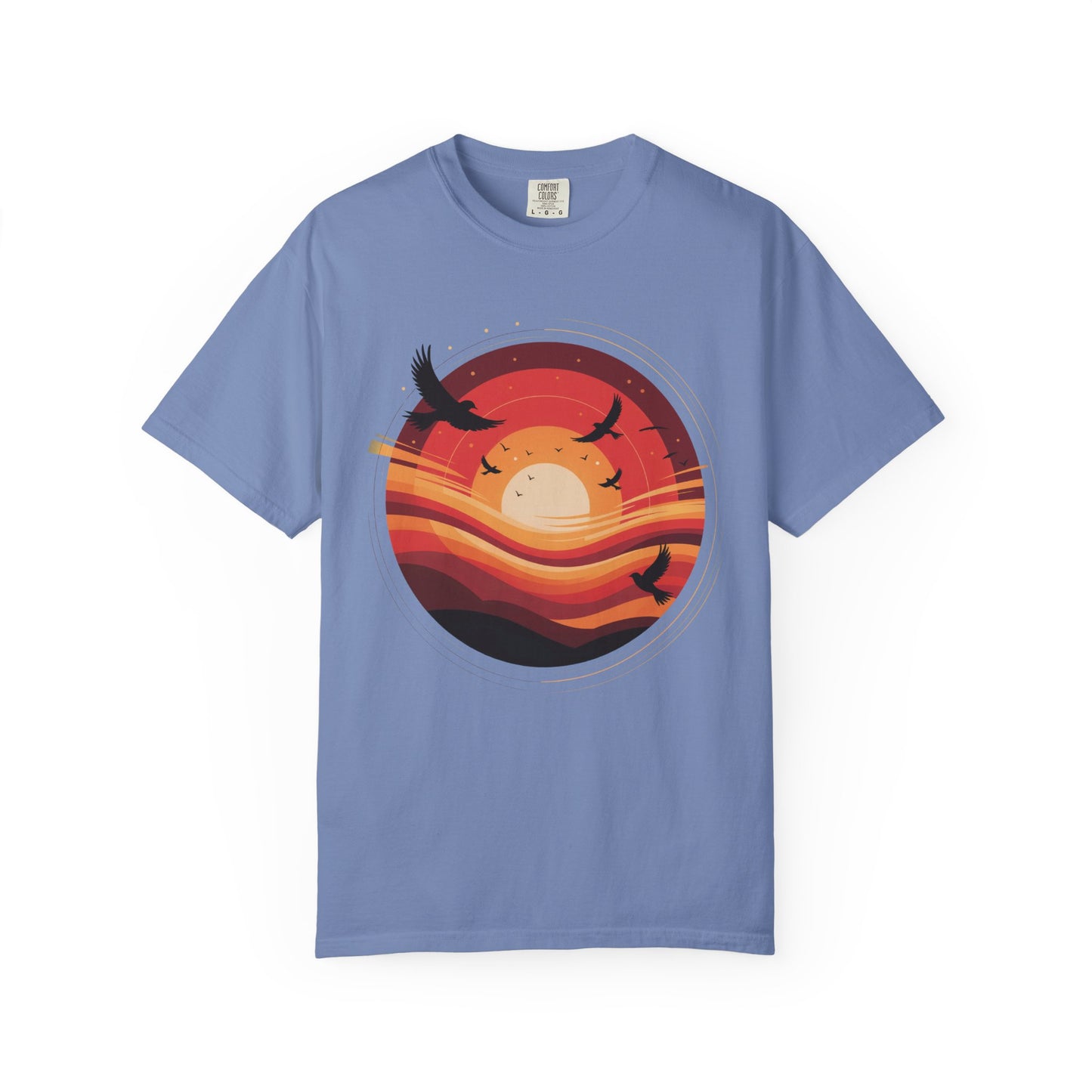 Sunset Energy Abstract T-Shirt by FireBrook Designs featuring silhouetted birds against a vibrant, abstract sunset design, perfect for adding dynamic energy and color to casual, stylish summer outfits.