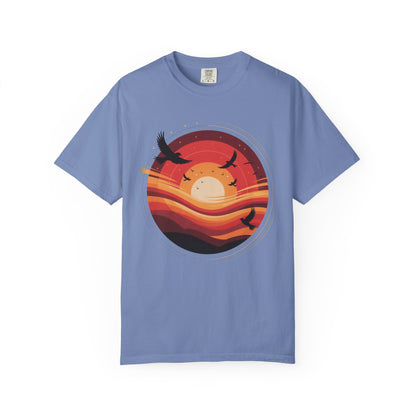 Sunset Energy Abstract T-Shirt by FireBrook Designs featuring silhouetted birds against a vibrant, abstract sunset design, perfect for adding dynamic energy and color to casual, stylish summer outfits.