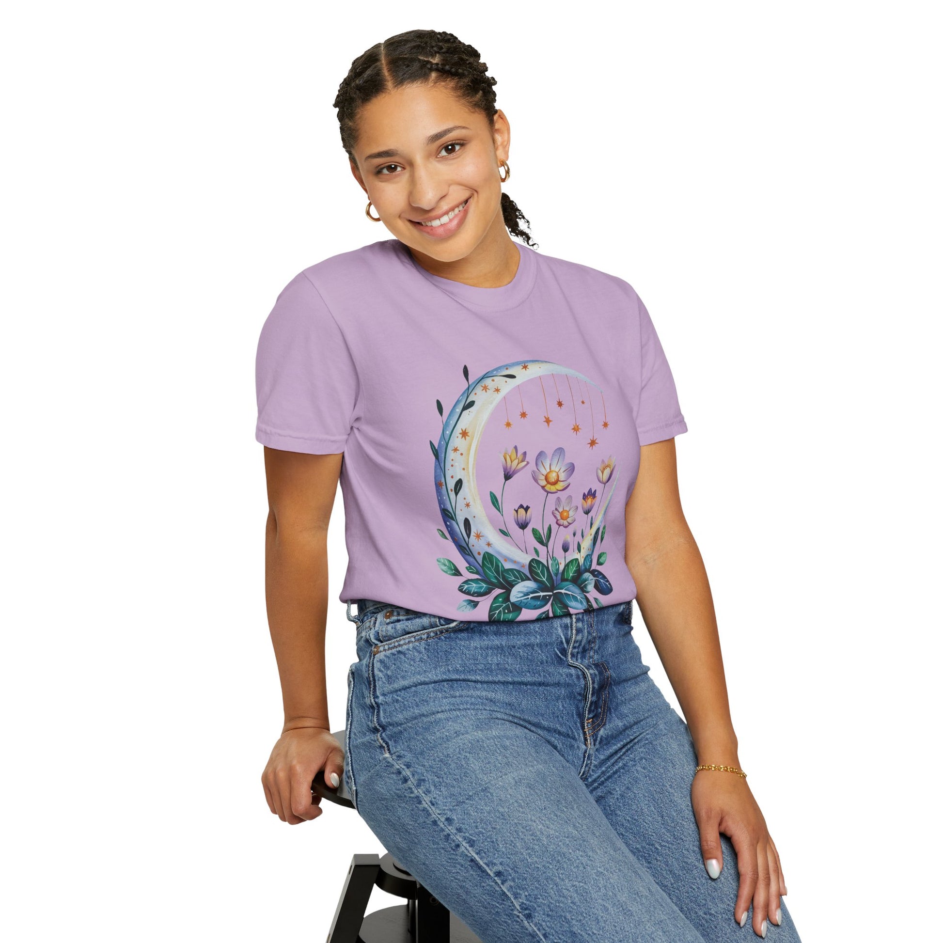 Crescent Moon Floral T-Shirt with a bohemian design, featuring double-needle stitching and a relaxed fit. Ideal for casual outings, reflecting FireBrook Essentials' focus on stylish, comfortable apparel.