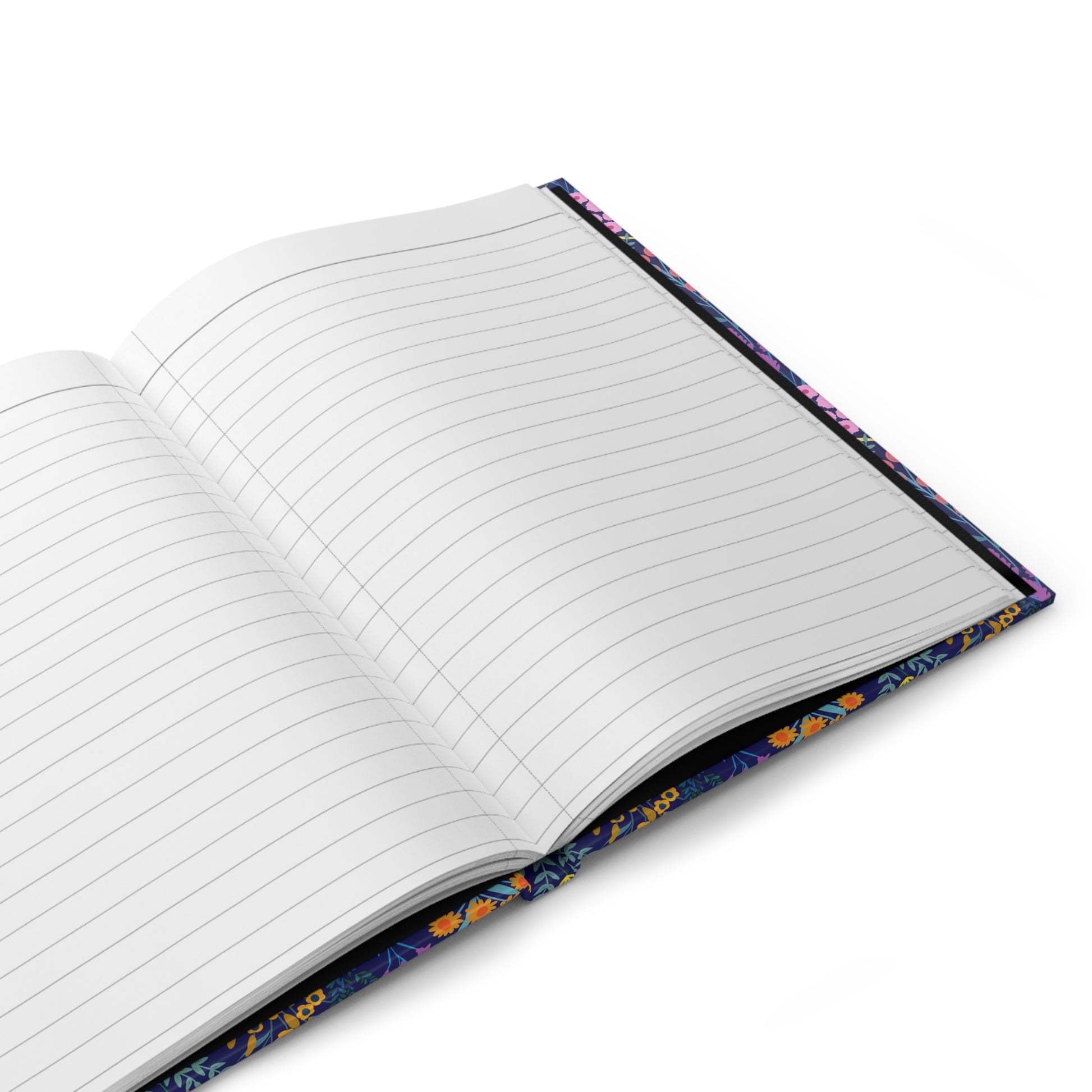 HARDCOVER JOURNAL, MATTE, RULED, 5X7, SEWN BIND, CLEAN-TEAR PAGES - FLORAL MEADOWS features open pages with ruled lines, set against a vibrant floral-patterned cover on a white surface.