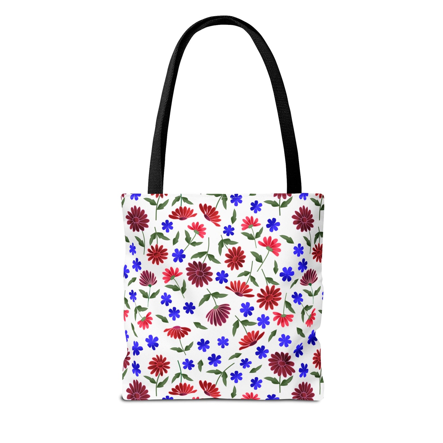 Floral Pattern Tote Bag — Red & Blue Wildflower All-Over Print: A white tote bag featuring vibrant red daisies and blue flowers with green stems, black handles, and spacious boxed corners for versatile everyday use.