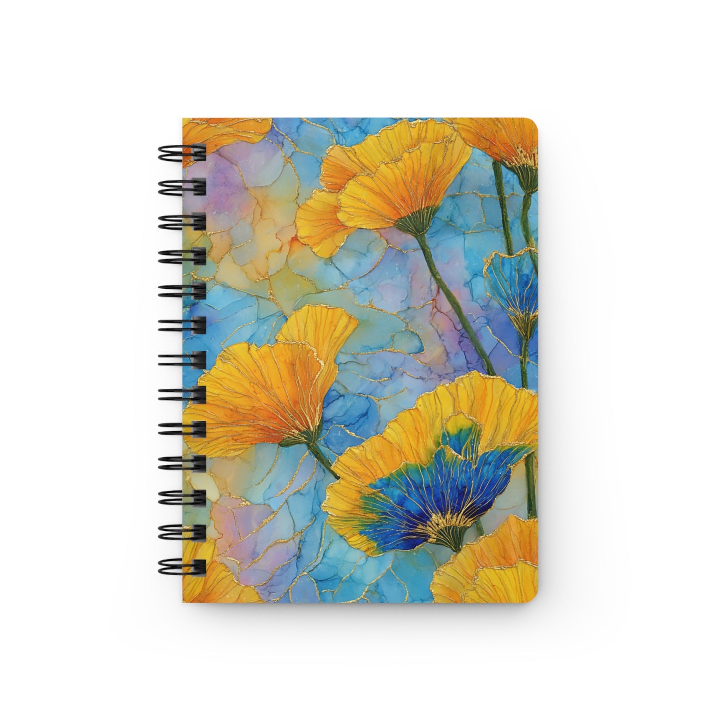 Spiral Journal, Durable Glossy Cover, Ruled, 5x7: Features a vibrant art-print cover with stylized golden-yellow flowers on a marbled background, metal spiral binding, and 150 lined pages for smooth writing.