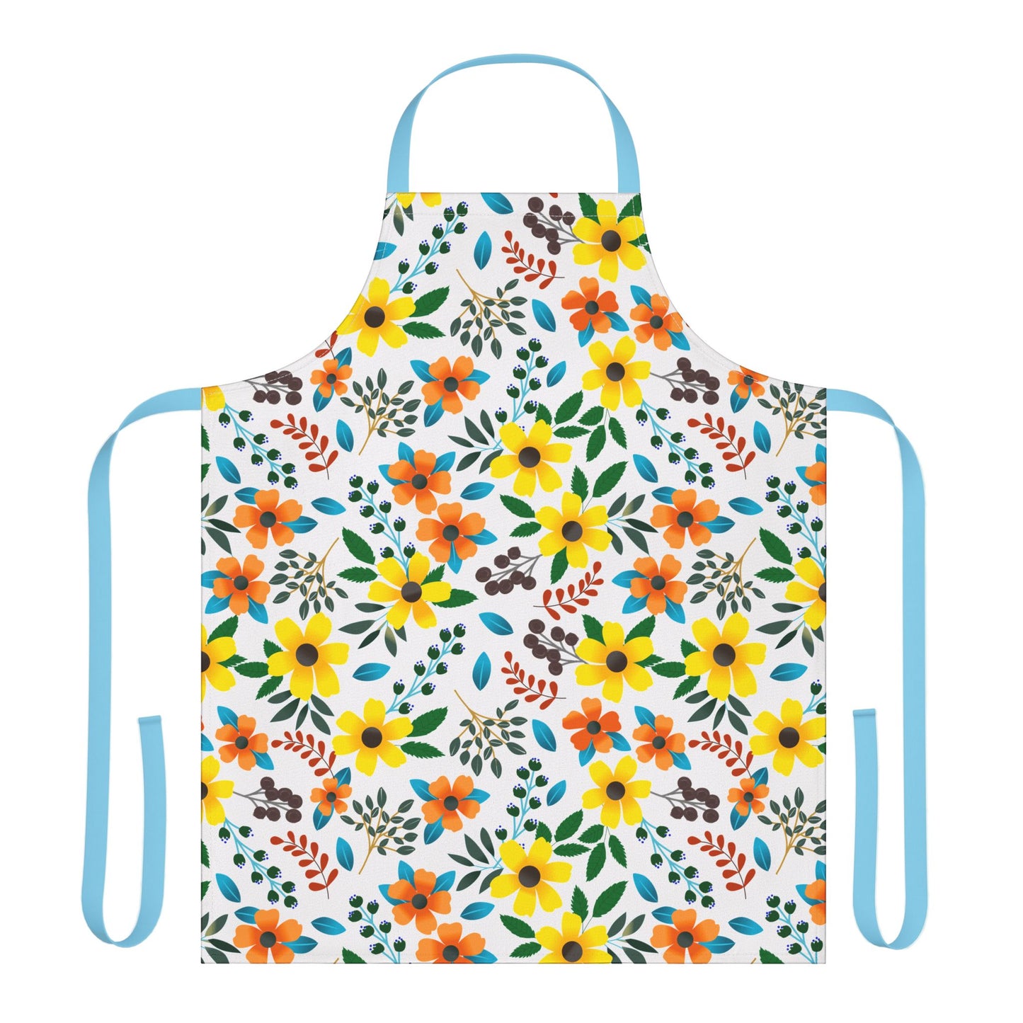 Floral Apron featuring a vibrant daisy and blossom pattern on white, with light blue ties, designed for comfort and style. Perfect for various activities, embodying FireBrook Essentials' joyful and practical design ethos.