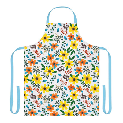 Floral Apron featuring a vibrant daisy and blossom pattern on white, with light blue ties, designed for comfort and style. Perfect for various activities, embodying FireBrook Essentials' joyful and practical design ethos.