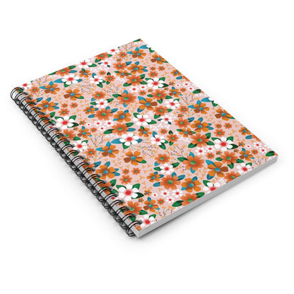 Floral Spiral Notebook with vibrant orange and white blossoms on a pale pink cover, features sleek metal binding and compact size, perfect for creative journaling or note-taking.