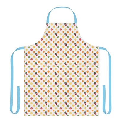 Apron, Fruit Slice Design, 5-Color Straps, showcasing vibrant fruit patterns like oranges and kiwis on white fabric, perfect for joyful cooking experiences. Features comfortable blue straps, ideal for summer events.