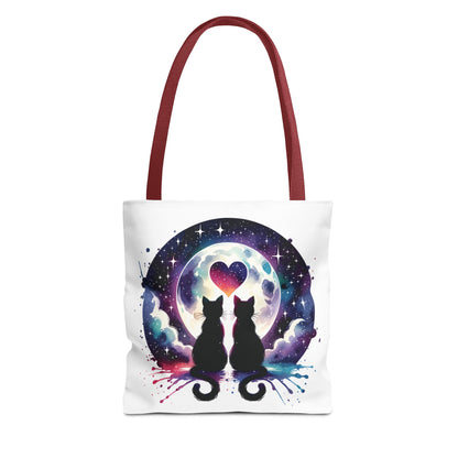 Copy of Cat Lovers Under the Moon Tote Bag featuring a durable polyester body and reinforced handles, perfect for carrying essentials with a quirky feline charm, available in multiple sizes for versatile use.