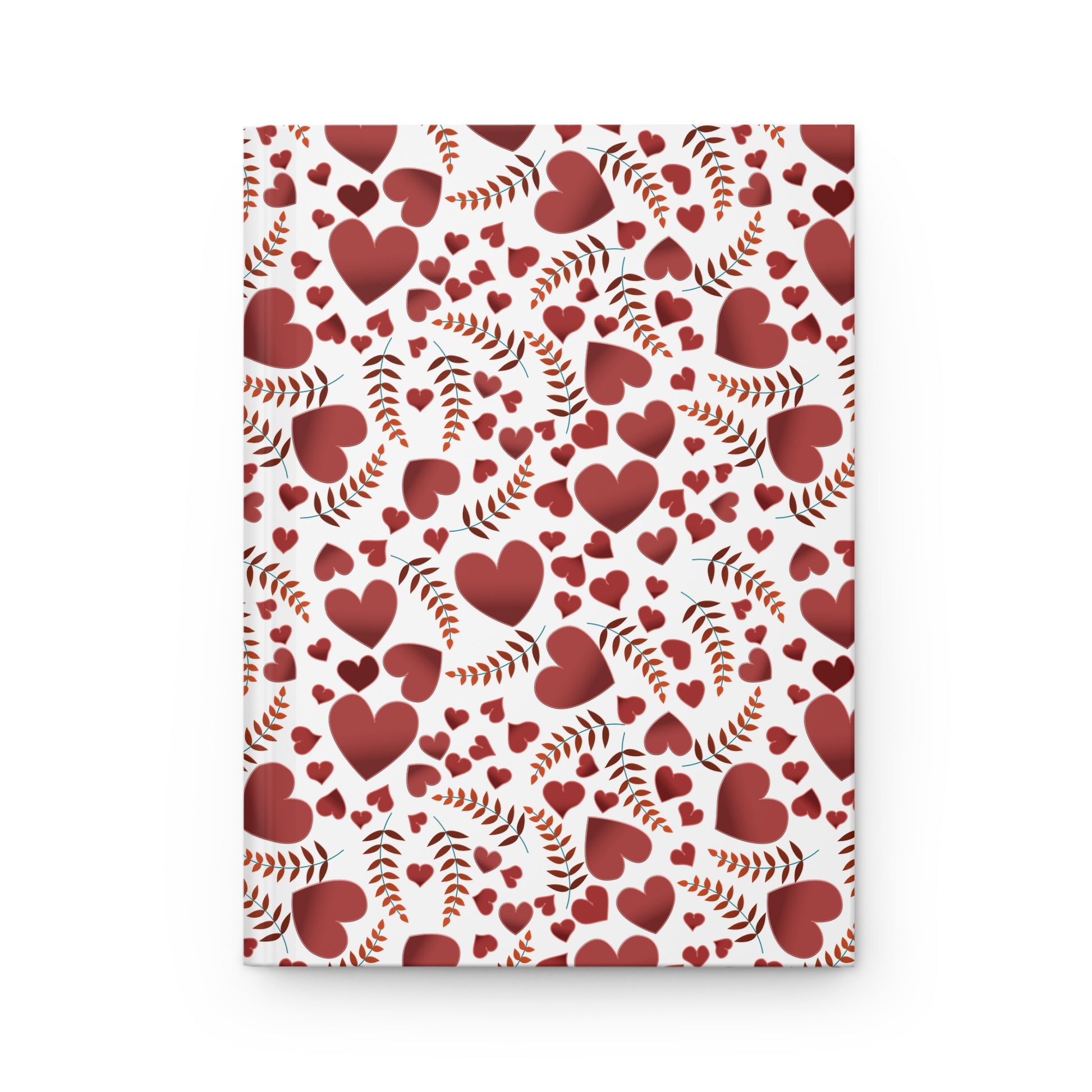 HARDCOVER JOURNAL, MATTE, RULED, 5X7, SEWN BIND, CLEAN-TEAR PAGES – HEARTS features a festive cover with red hearts and sprigs pattern, offering 150 lined pages for joyful note-taking.