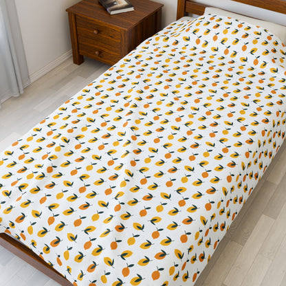 Velveteen Plush Blanket - Lemon Pattern: A vibrant, summery lemon-themed blanket designed for cozy comfort. Features durable double needle stitching and quick-drying polyester, ideal for brightening living spaces or gifting.