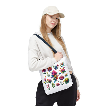 Floral Tote Bag held by a woman in a white sweatshirt and hat, showcasing its nature-inspired design and ideal for daily essentials.
