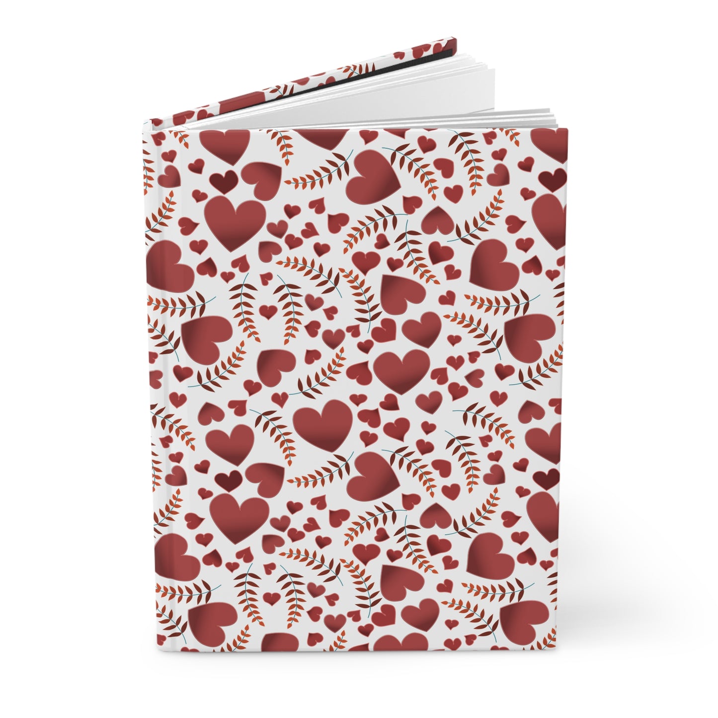 HARDCOVER JOURNAL, MATTE, RULED, 5X7, SEWN BIND, CLEAN-TEAR PAGES – HEARTS, featuring a cover with red hearts and leaf-sprigs pattern, standing upright with visible spine and open pages.