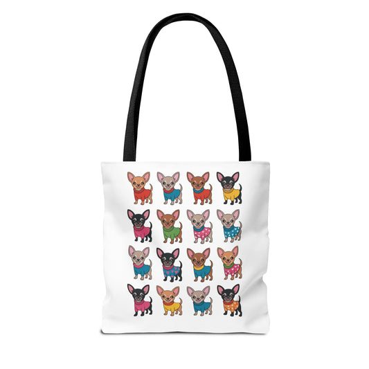 Chihuahua with Wardrobe Portraits Tote Bag featuring charming chihuahuas in various outfits, ideal for dog lovers. Sturdy polyester with reinforced handles, available in multiple sizes, embodying FireBrook Essentials' joyful, unique design philosophy.