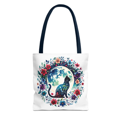 Lone Cat Under the Moon Tote Bag features a whimsical cat design, perfect for errands or beach trips. Made of durable polyester with boxed corners and reinforced handles, available in three sizes.