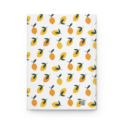 HARDCOVER JOURNAL, MATTE, RULED, 5X7, SEWN BIND, CLEAN-TEAR PAGES - CITRUS, featuring a stylish citrus fruit pattern with dark-green leaves, durable matte finish, and practical QR-style graphic, by FireBrook Essentials.