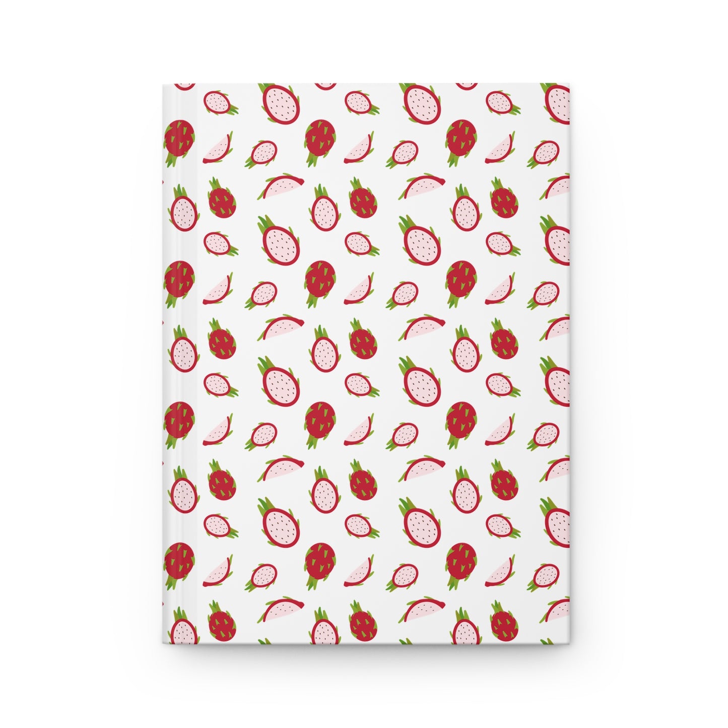 HARDCOVER JOURNAL, MATTE, RULED, 5X7, SEWN BIND, CLEAN-TEAR PAGES – DRAGONFRUIT: A closed journal featuring vibrant dragon fruit pattern on a durable matte cover, ideal for uplifting, organized note-taking.